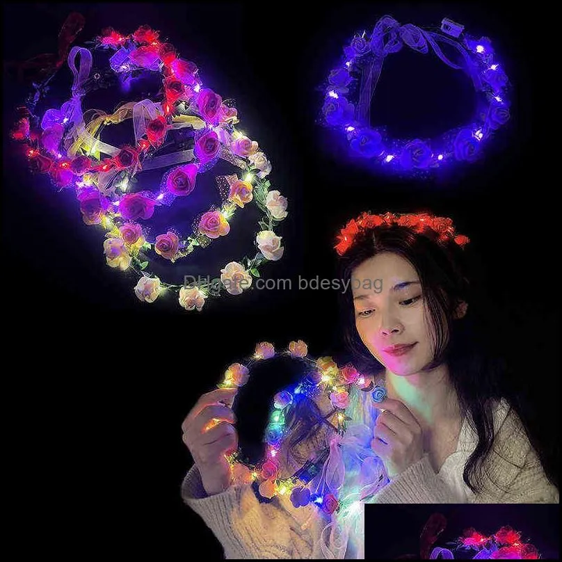 flower wreath luminous led women girl glow light up adjustable headband neon wreath headpiece wedding birthday festival hairband