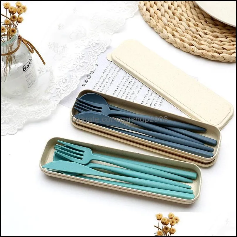 flatware sets wheat straw cutlery set creative fork spoon and chopsticks solid color storage portable setflatware