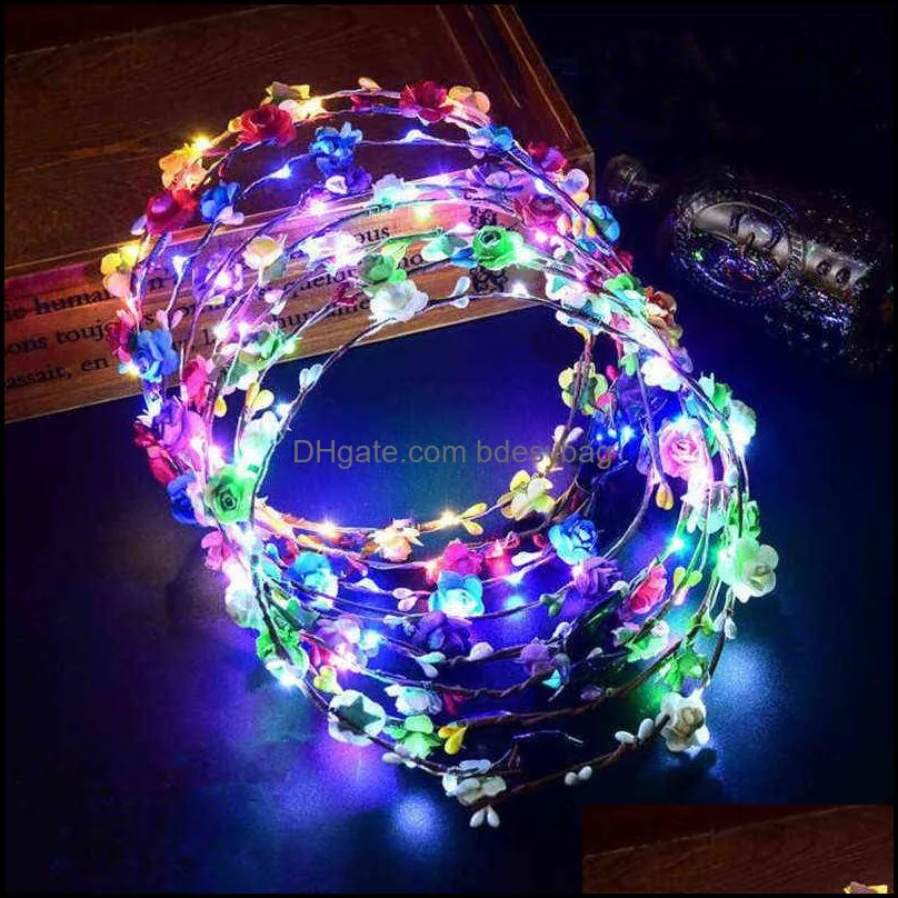 24pcs crown flower headband led light up hair wreath hairband garlands glowing cosplay birthday party costume halloween y220725