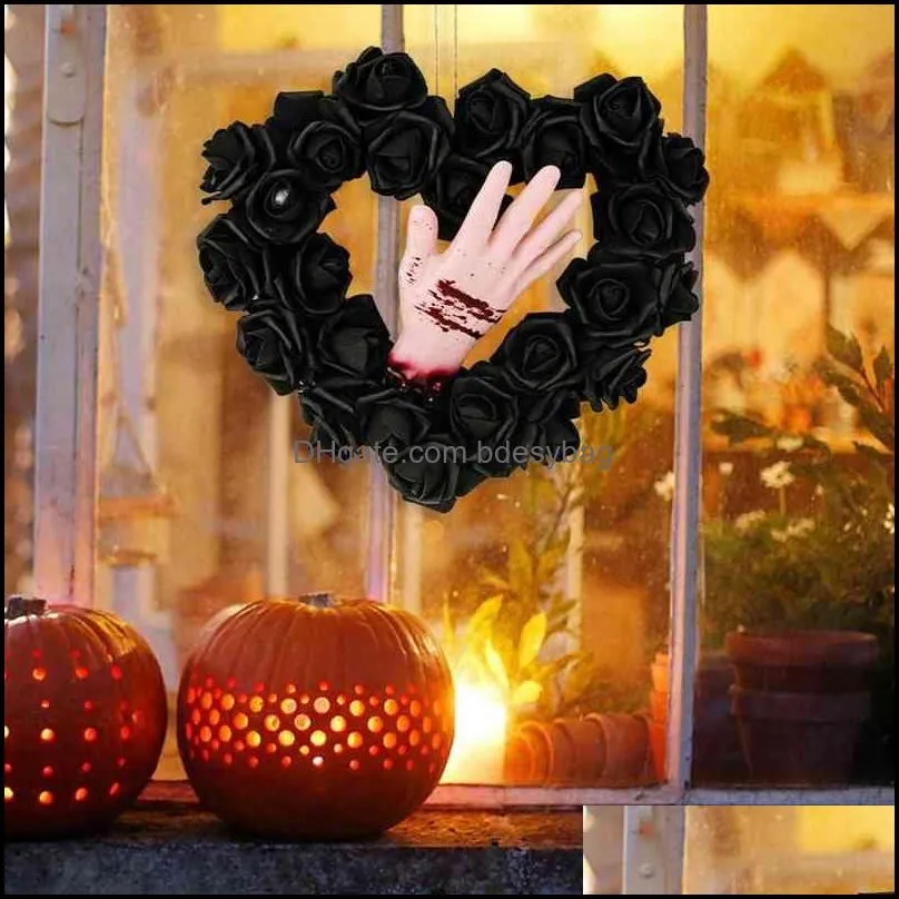 2022 halloween decoration wreath front door decor black artificial rose garland with fake bloody hand horror for home outdo w2h5