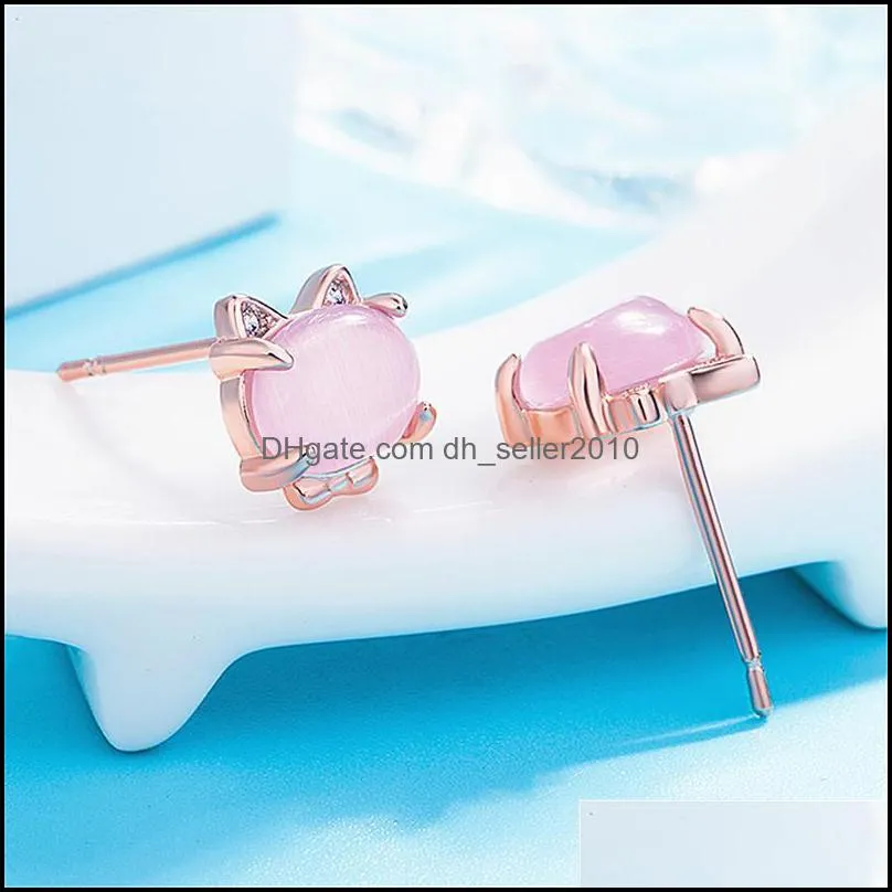 new high quality jewelry fashion ladies earrings pink hibiscus stone cute cat stud earrings girl ladies gifts