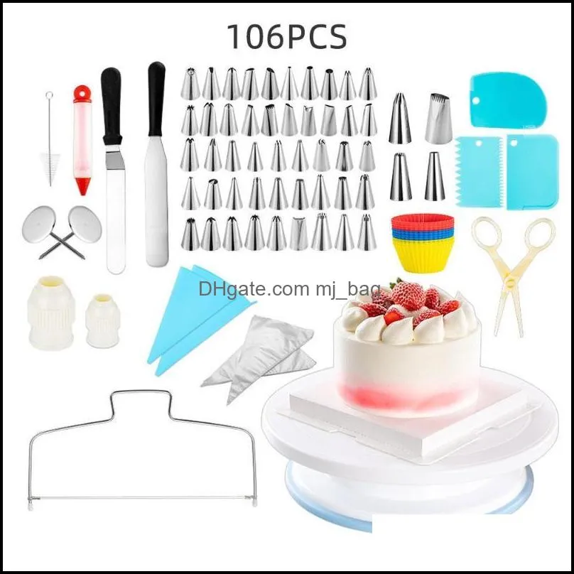 cake turntable set 106pcs silicone kitchen flower mouth muffin cup two-line layerer baking tools decoration tool 61pcs & pastry