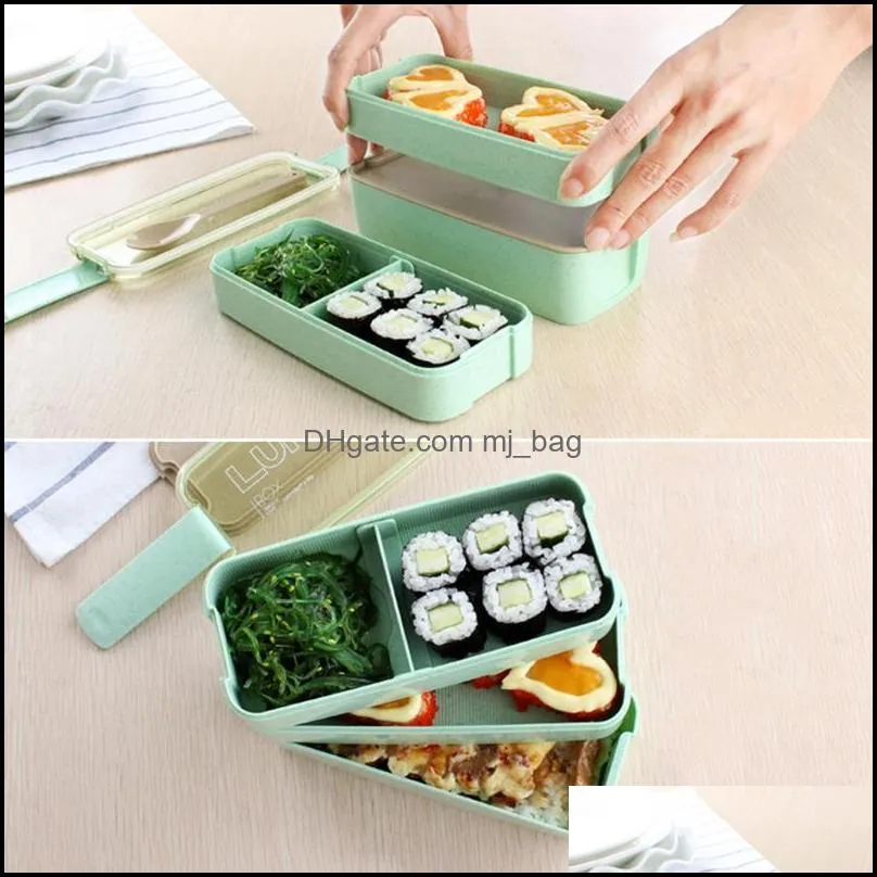 lunch box leakproof microwave container wheat straw 3 layer bento 900ml dinnerware sets