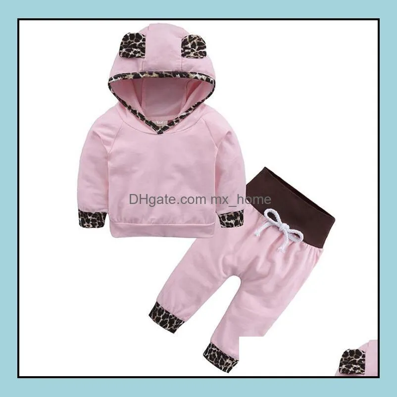 ins infant baby set kids leopard ears hooded tops t-shirt   pants 2pcs clothes suit children girl outfits set pink mxhome