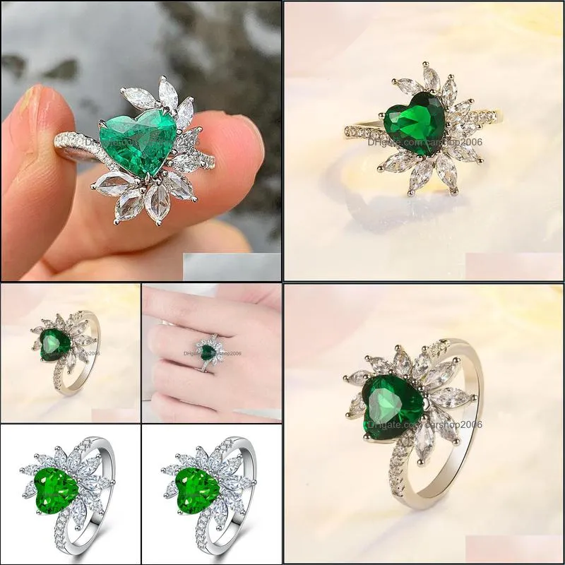 luxury women`s finger rings for party bright green crystal ring noble lady vintage style accessories gorgeous gift heart ring