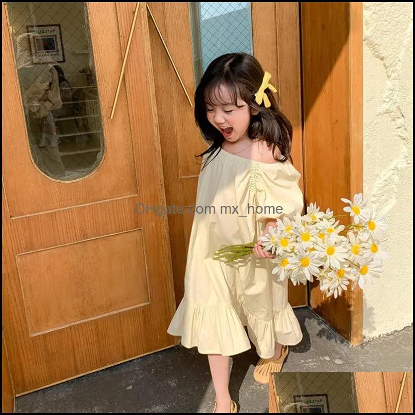 summer baby girls casual dress slash neck puff short sleeve ruffles princess dress children kids cotton dresses mxhome