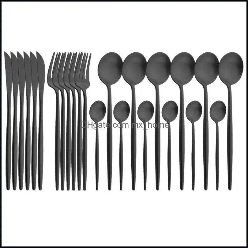 round handle matte black gold dinnerware set 304 stainless steel tableware knife fork spoon flatware cutlery service for 6 sets