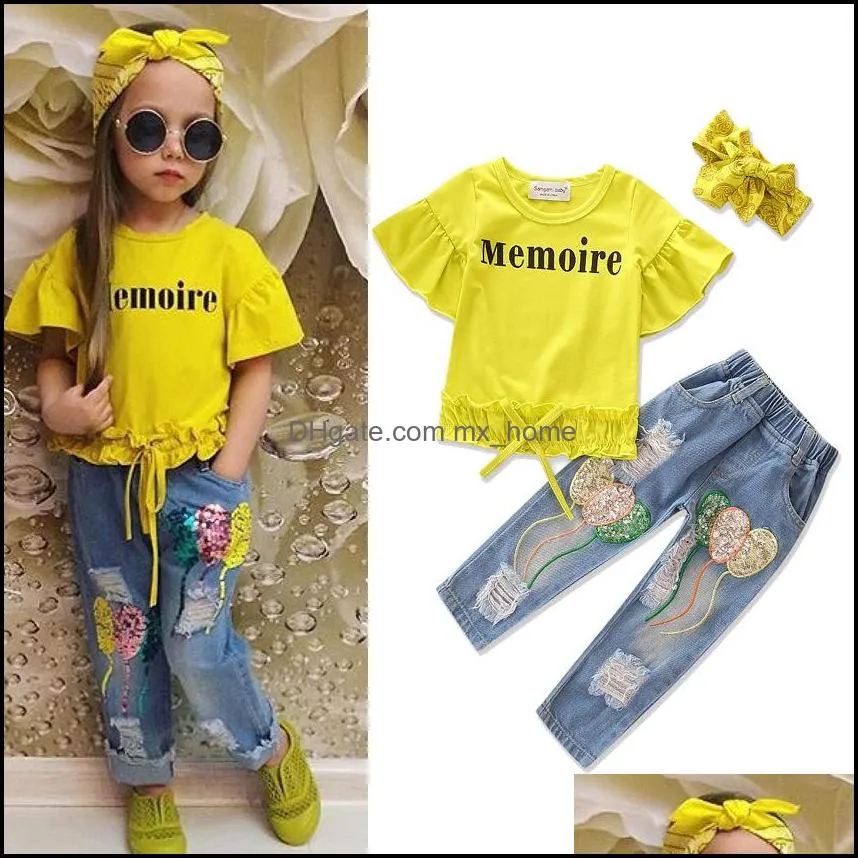 ins baby girls clothes set letters short sleeve t-shirt   sequins jeans   headband 3pcs set children outfits clothing suit mxhome