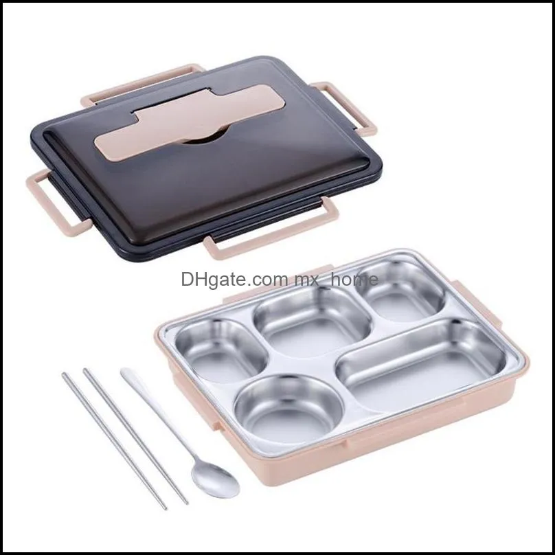 large bento box leakproof and thermal insulation 304 stainless steel 5 lattice with chopsticks spoon dinnerware sets