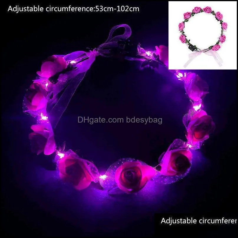 1pc adjustable girl flower headband with led light rose wreath crown hairband for wedding birthday glow party hair accessories y220725