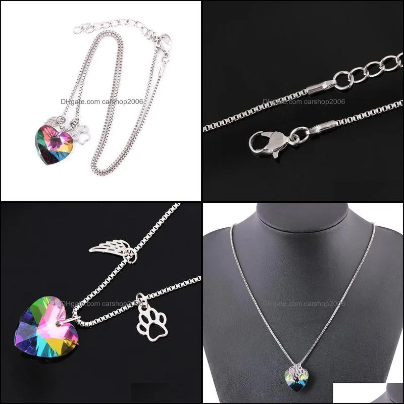 heart crystal necklace glass necklaces rainbow color paw pendant for lover wings hollow dog claw necklace