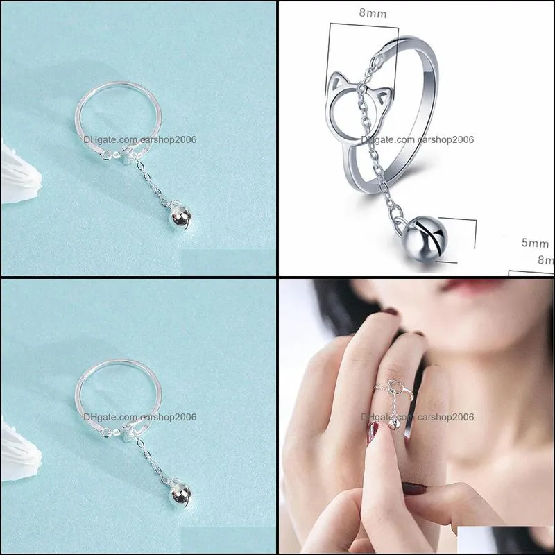 fashion  hollow cute cat ear finger open ring design jewelry bell pendant ring ladies young adjustable gift chain link
