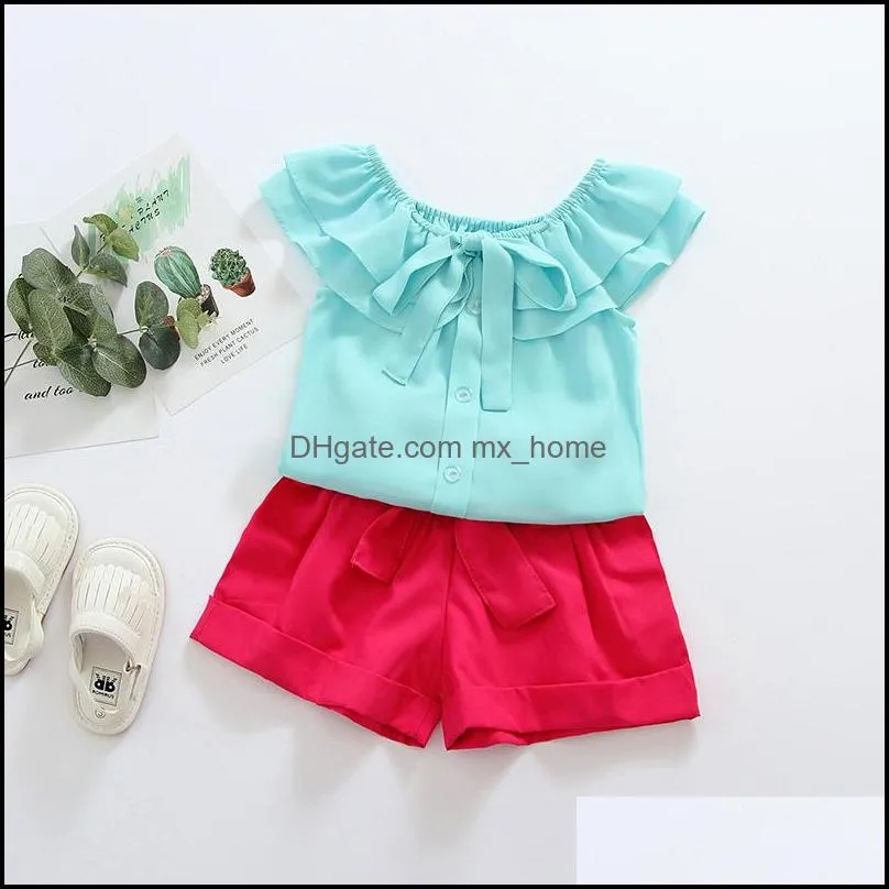 summer baby girls set kids ruffles chiffon tops blouse + shorts girl 2pcs outfits children clothing suit mxhome