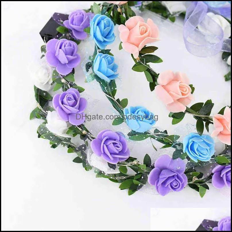 1pc adjustable girl flower headband with led light rose wreath crown hairband for wedding birthday glow party hair accessories y220725