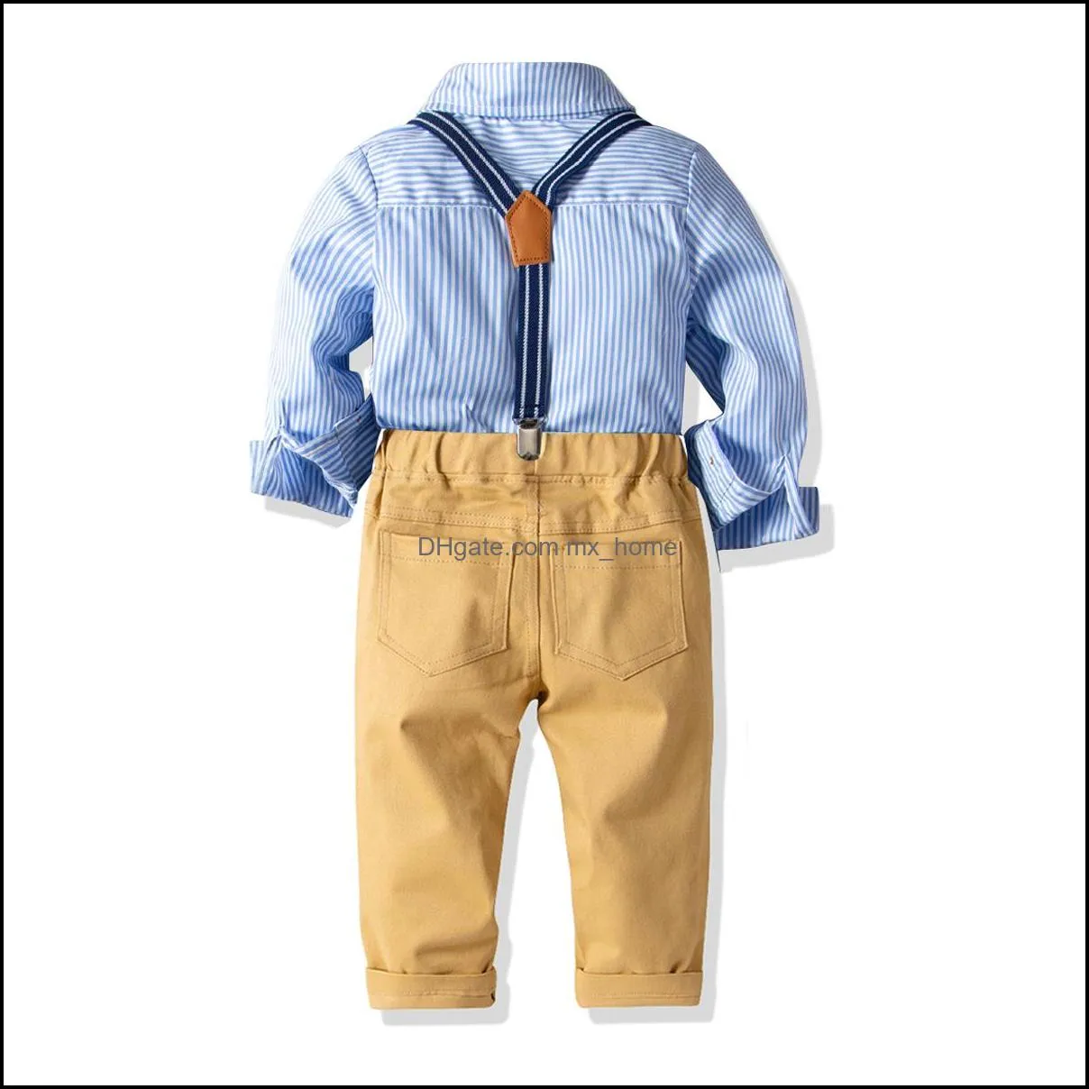 spring baby boys gentleman clothes set kids bowtie long sleeve stripe shirt   suspender pants boy children 2pcs outfits mxhome