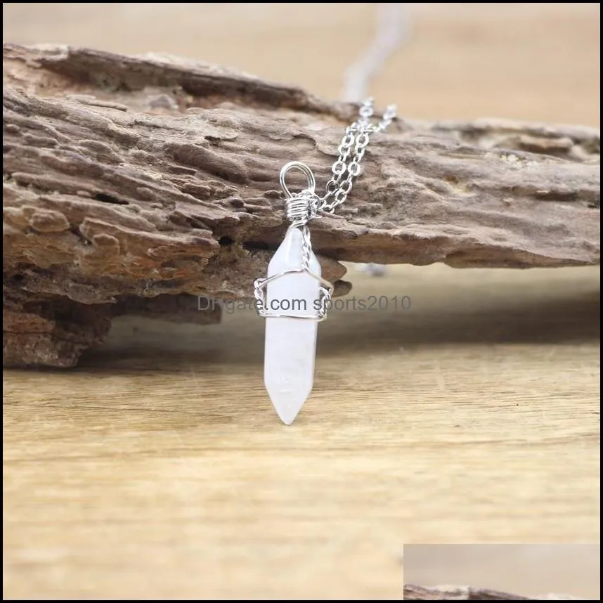 natural stone point wire wrap pendants necklace crystal rose quartz hexagonal bullet pendulum chakra healing jewelr sports2010