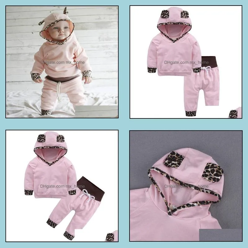 ins infant baby set kids leopard ears hooded tops t-shirt   pants 2pcs clothes suit children girl outfits set pink mxhome