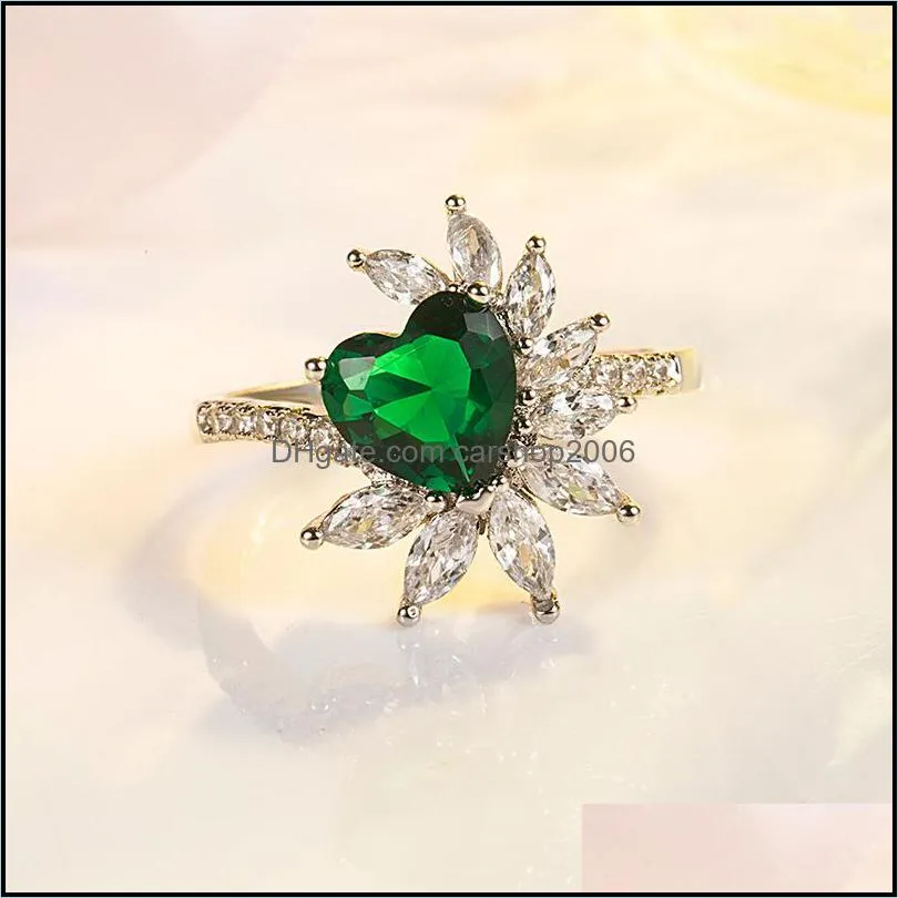 luxury women`s finger rings for party bright green crystal ring noble lady vintage style accessories gorgeous gift heart ring