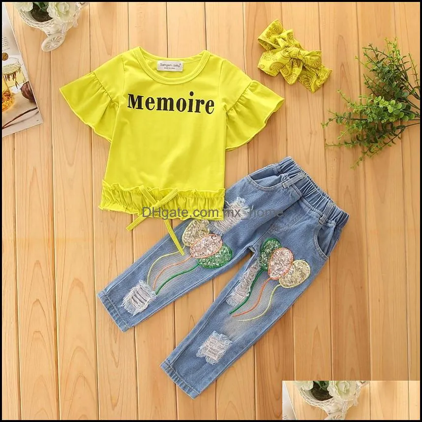 ins baby girls clothes set letters short sleeve t-shirt   sequins jeans   headband 3pcs set children outfits clothing suit mxhome