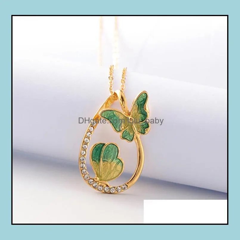water drop painting necklace 2 gold plated link long chain necklaces zircon butterfly necklace