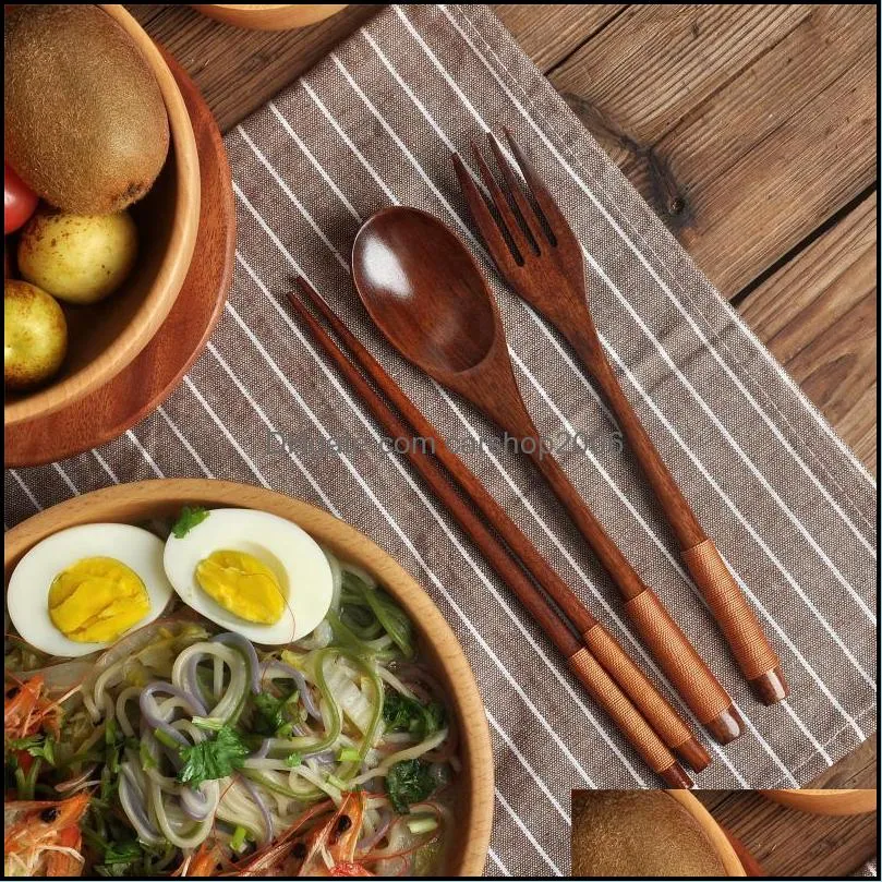flatware sets 3pcs/set natural wooden spoon & fork tableware set cutlery chopsticks wood rice soup setflatware