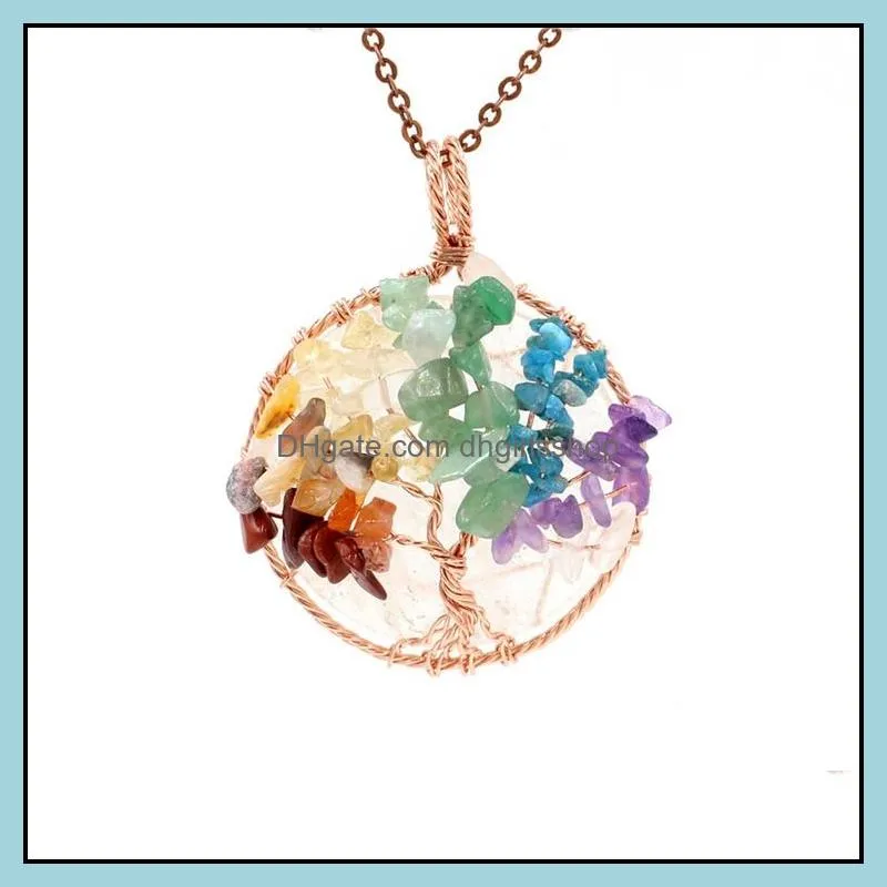 7 chakra healing crystal natural round gemstone pendant necklace tree of life copper wire wrapped reiki jewelry for women