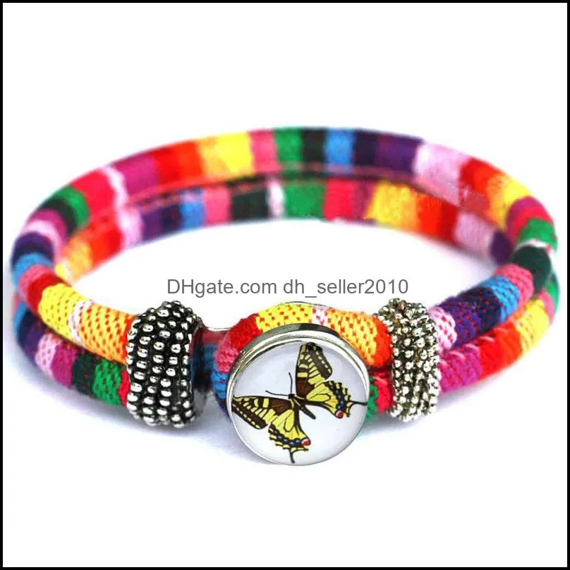punk animal glass convex button bracelet butterfly woven black leather bracelet men`s women`s