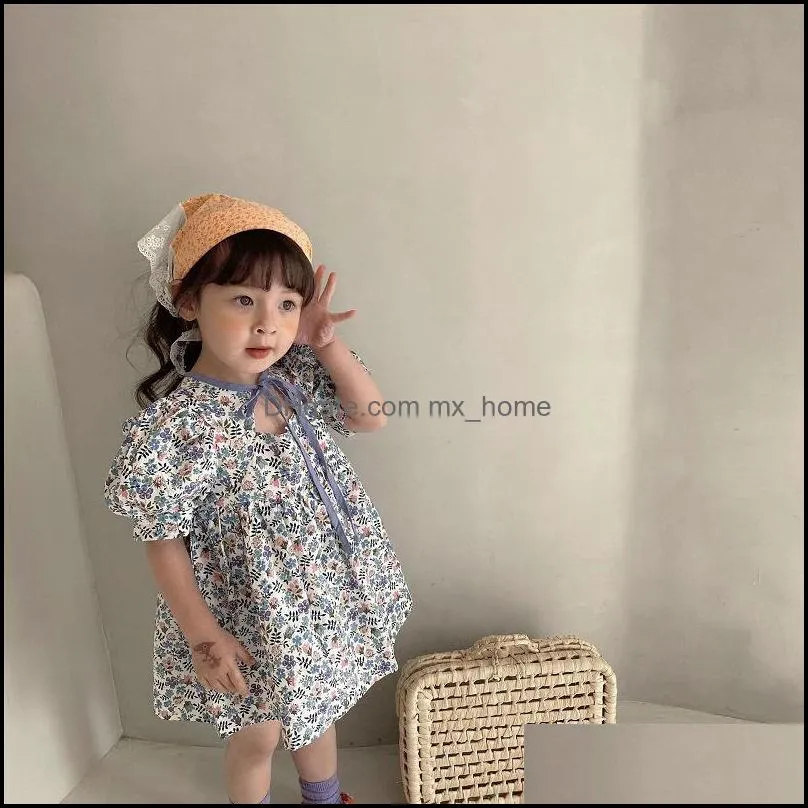 kids girls summer casual florals dress short sleeve lace up flower print children princess dresses mxhome