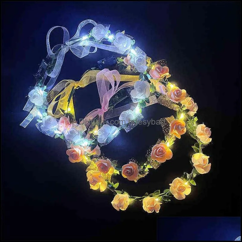 1pc glowing garland wedding party crown flower headband led light brithday neon wreath decoration luminous hair garland hairband