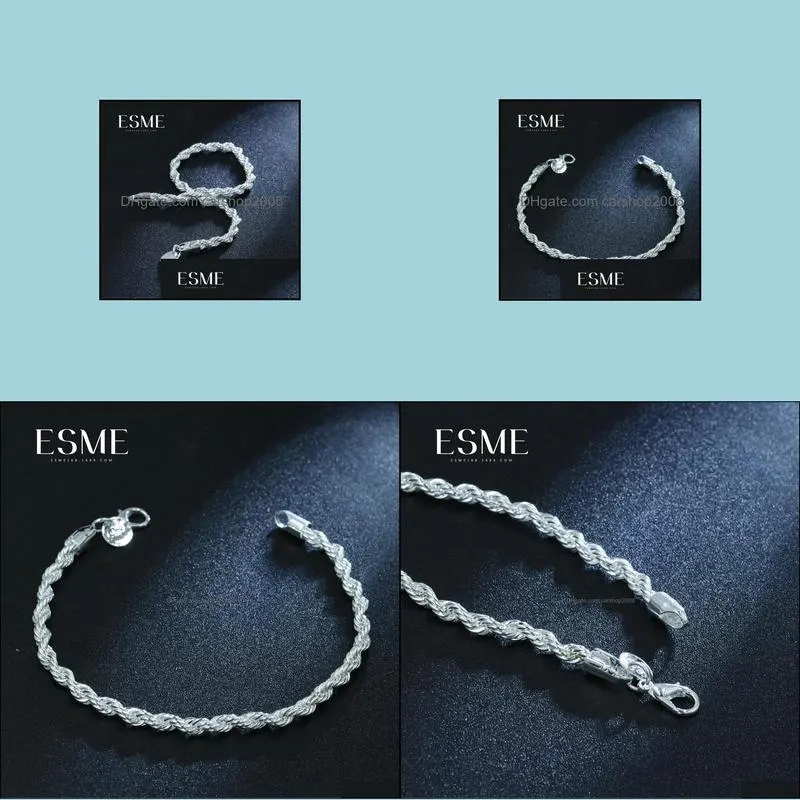 925 sterling silver fine jewelry for women and men 4mm chain charm flash twisted rope bracelet pulseiras de prata jewelry
