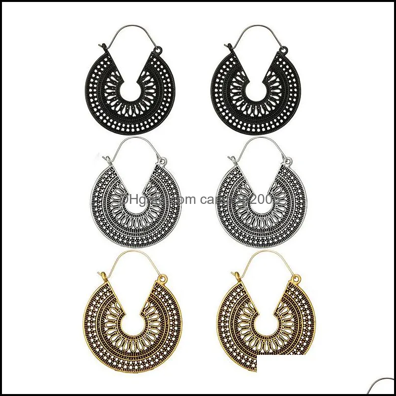 carving hollow drop earrings for women vintage antique silver color ethnic alloy piercing dangle earrings jewelry