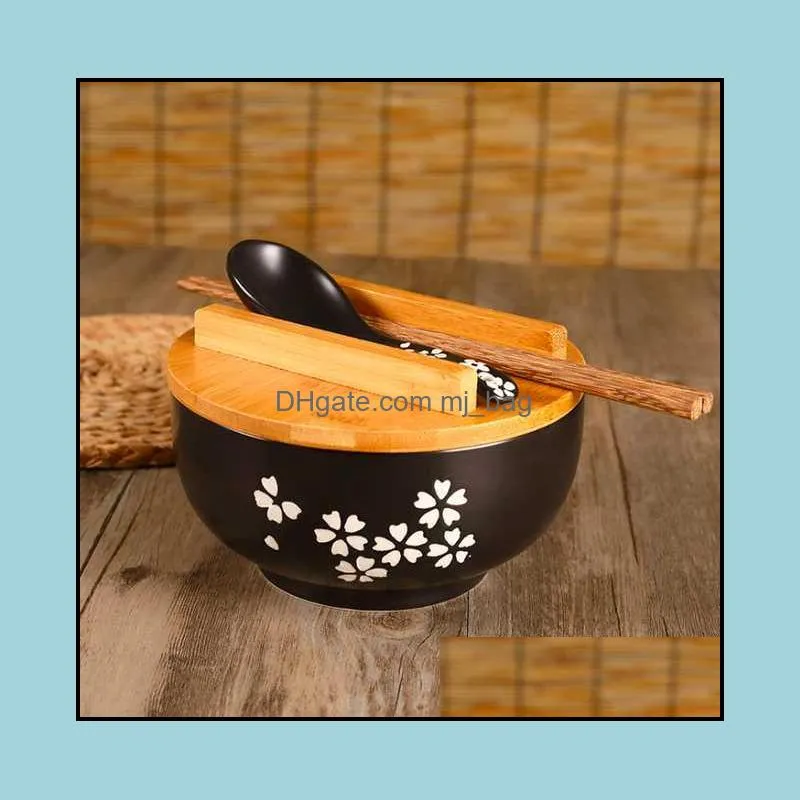 bowls japanese style rice noodle bowl with lid spoon chopstick kitchen tableware ceramic salad soup container dinnerware