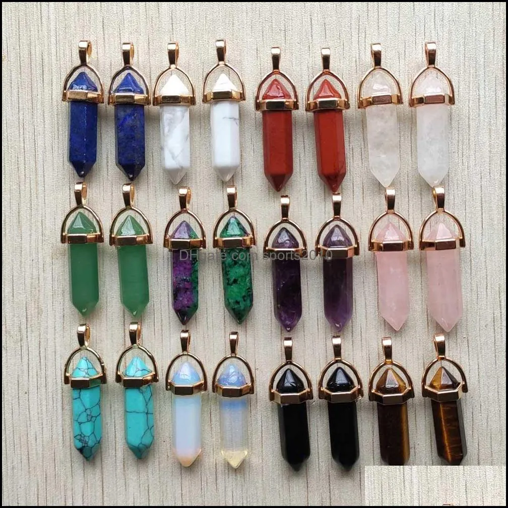gold natural stone rose quartz mixed pillar bullet shape charms point chakra pendants for jewelry making wholesale gold wir sports2010