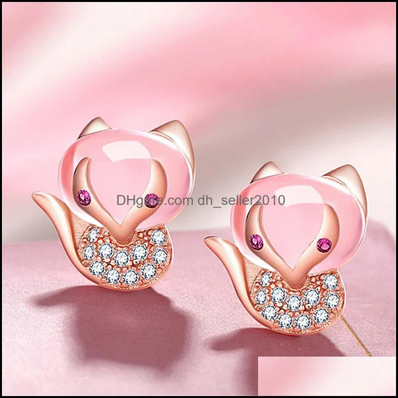 charm fox earrings fox`s love pink crystal earrings pink diamond hibiscus stone animal earrings silver jewelry