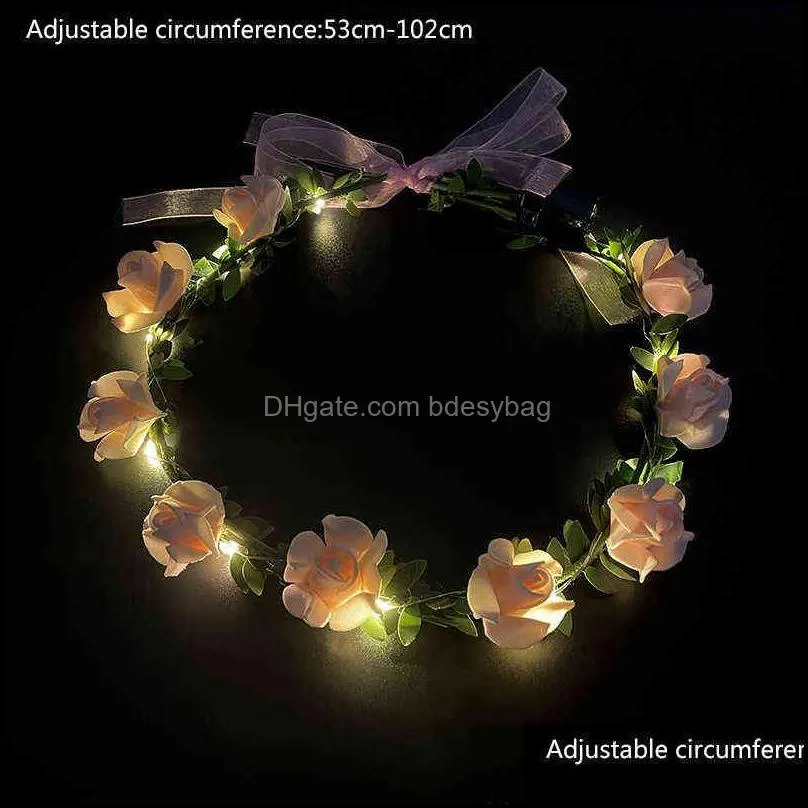 glowing garland headband fashion bride wreath rose flower crown led luminous hairband girls gifts wedding party decorations y220725