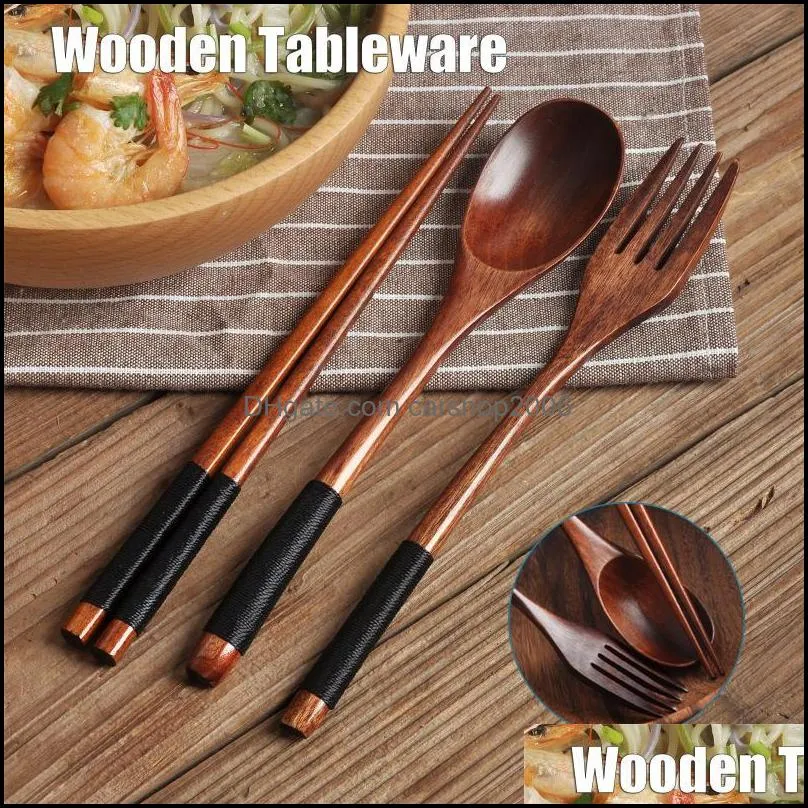 flatware sets 3pcs/set natural wooden spoon & fork tableware set cutlery chopsticks wood rice soup setflatware