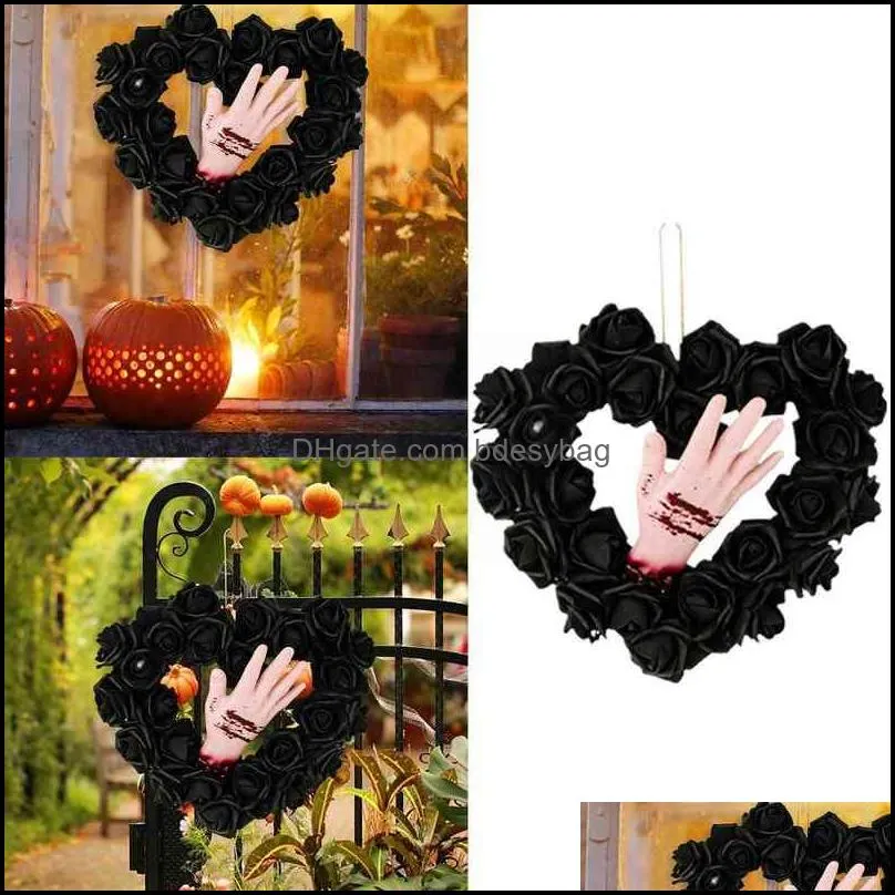 2022 halloween decoration wreath front door decor black artificial rose garland with fake bloody hand horror for home outdo w2h5