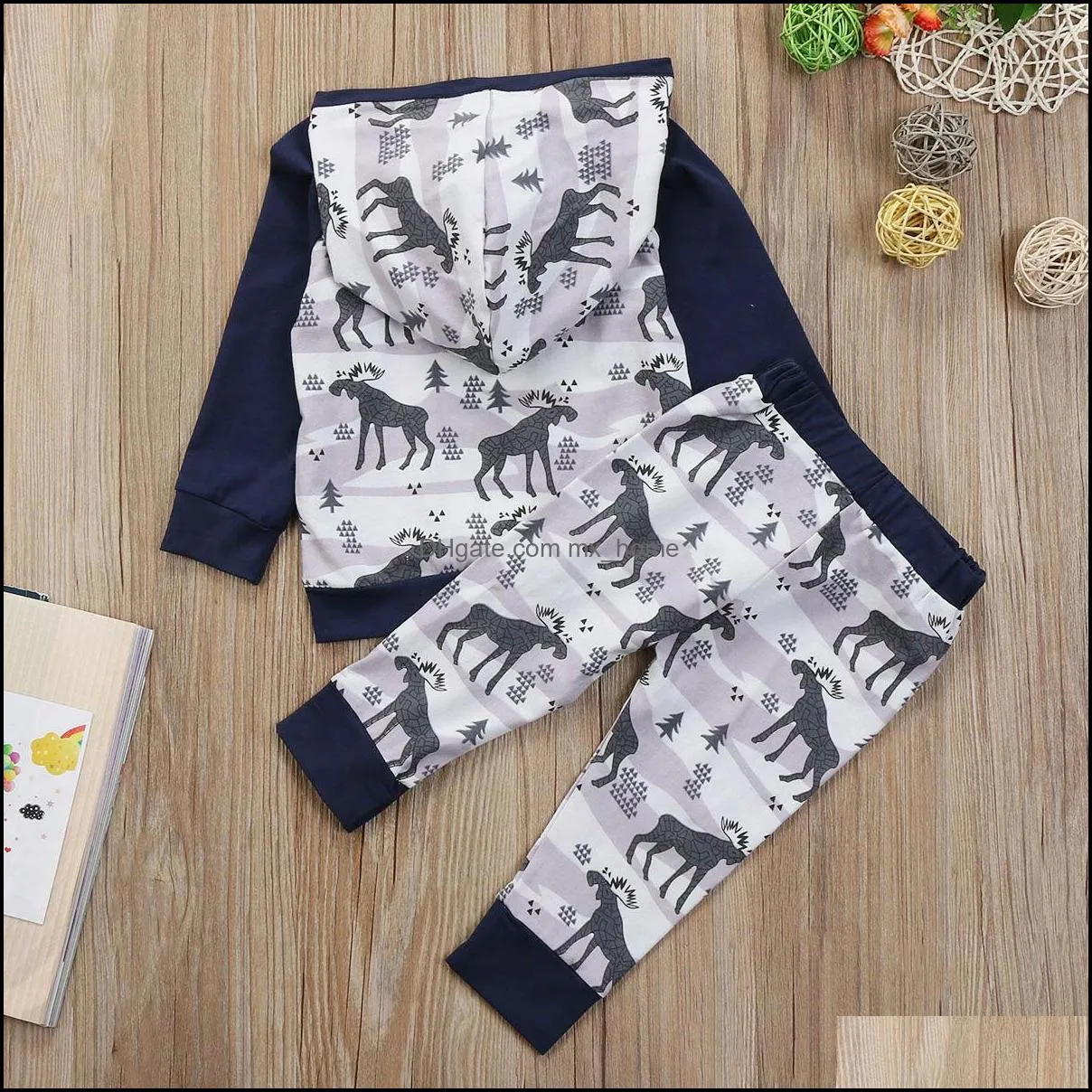 spring autumn infant baby kids clothes set boy girls deer printed hooded tops t-shirt   pants 2pcs children outfits sets mxhome