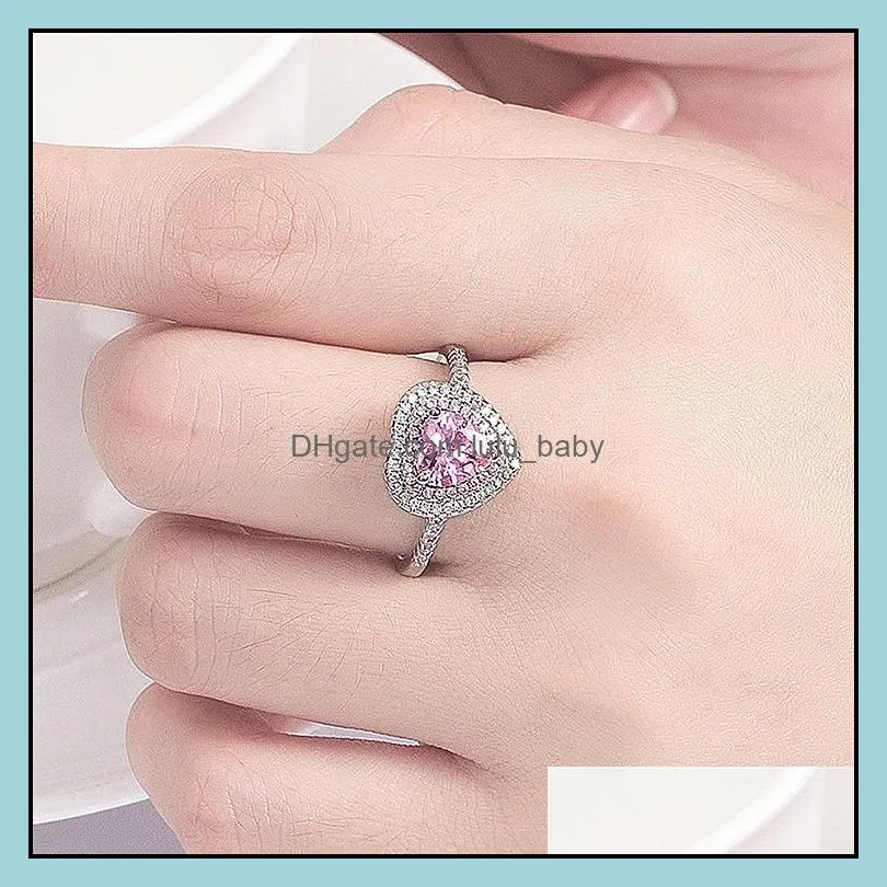 luxury solitaire women heart engagement rings aaa pink cubic zirconia proposal rings for girlfriend fine anniversary gift silver ring