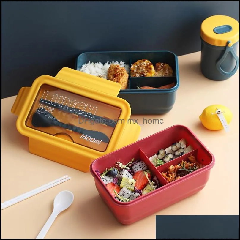 grid microwave lunch box portable japan compartment bento box simple style fruit salad container storage for kids with tableware