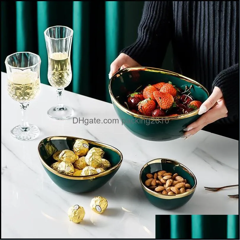 bowls nordic luxury green glaze ceramic in gold inlay creative salad fruit snack soup dessert noodle bowl tray kitchen tableware