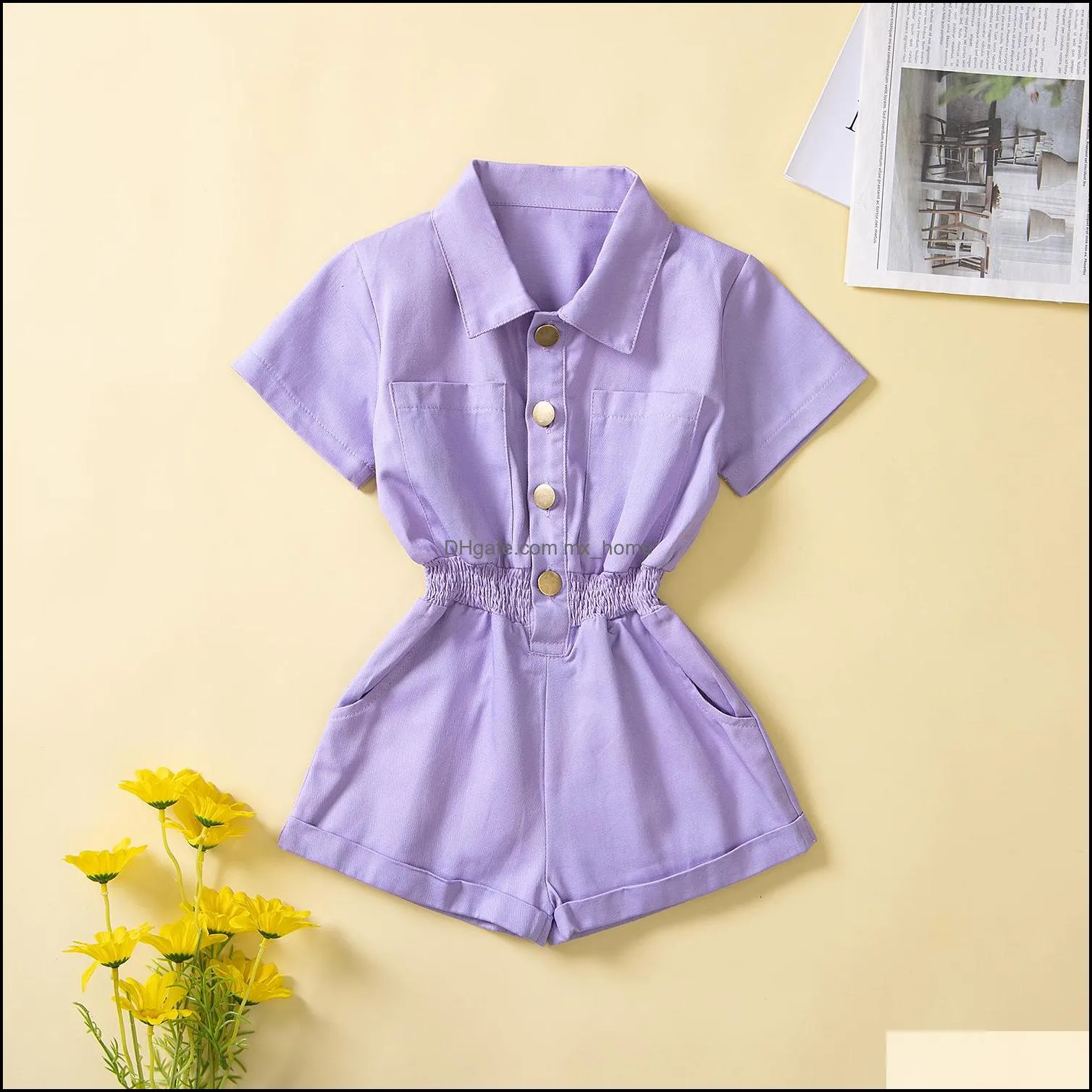 summer kids girls jumpsuits short sleeve turn-down collar short overalls purple jumpsuits mxhome