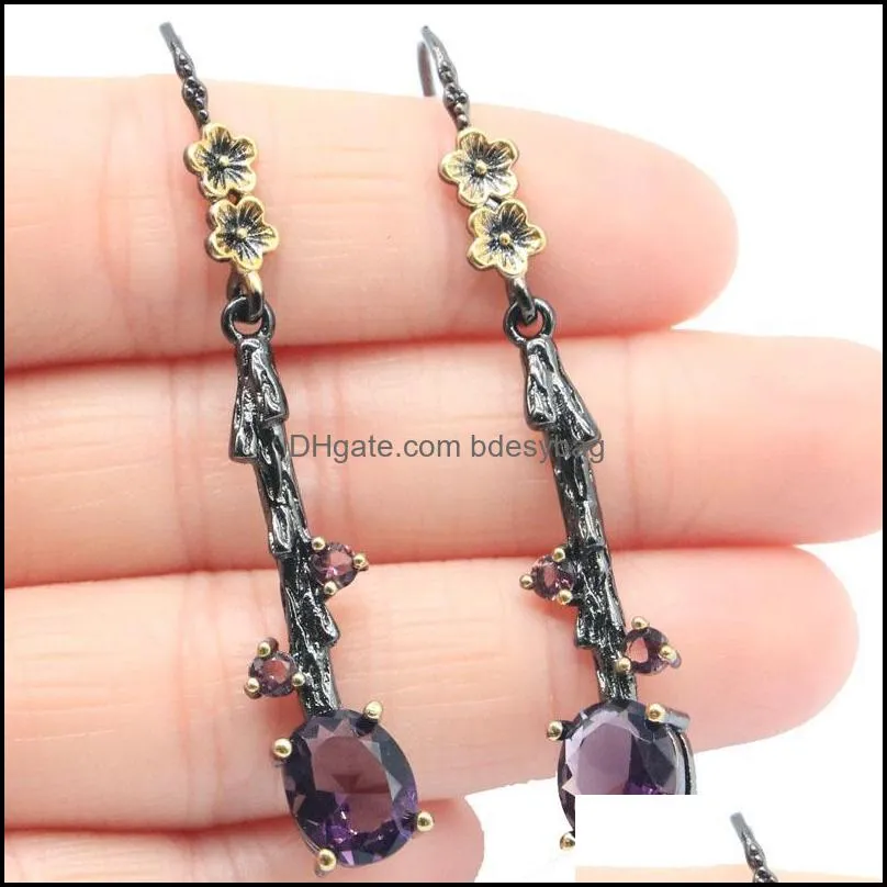 dangle & chandelier 55x8mm neo-gothic 6g created purple amethyst dark blue topaz for ladies black gold earrings daily weardangle