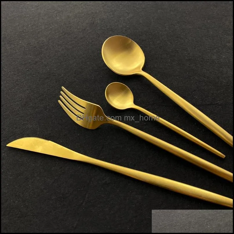 round handle matte black gold dinnerware set 304 stainless steel tableware knife fork spoon flatware cutlery service for 6 sets