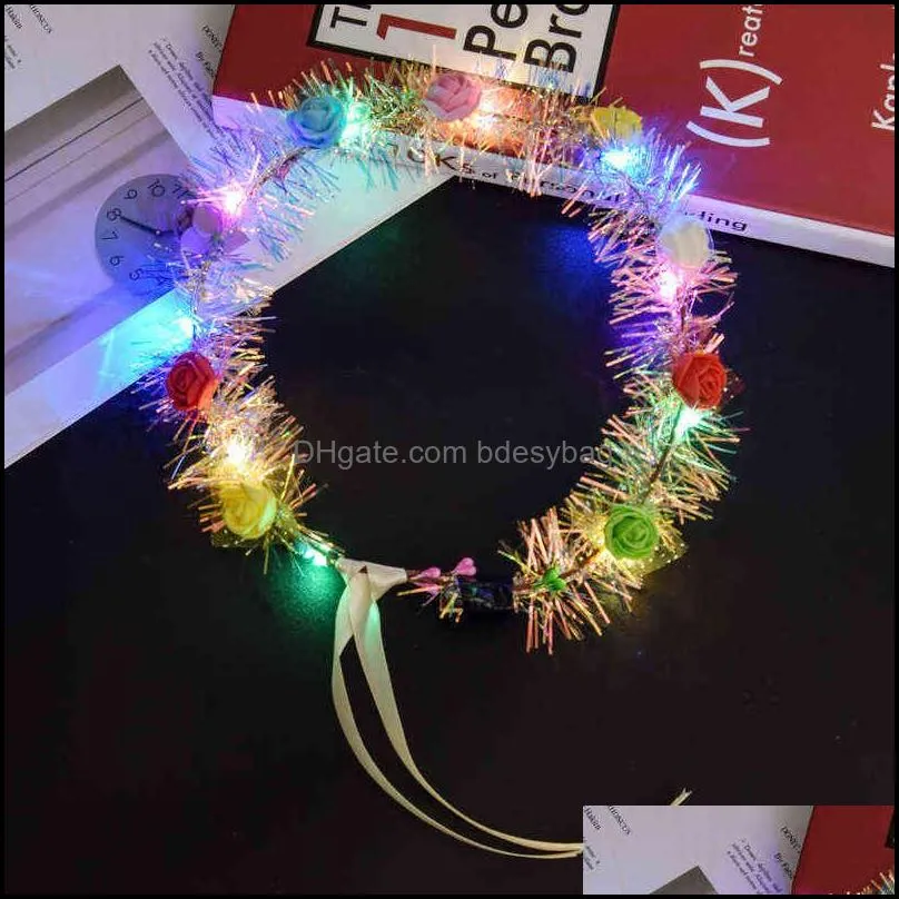 10pcs glowing garland wedding party crown flower headband led light christmas neon wreath decor luminous hair garland hairband y220725
