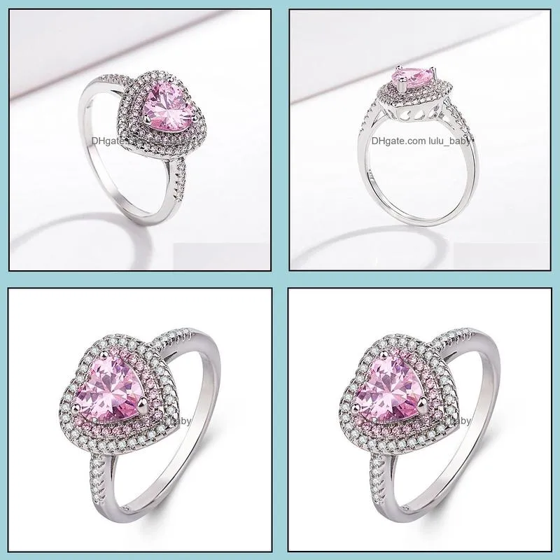 luxury solitaire women heart engagement rings aaa pink cubic zirconia proposal rings for girlfriend fine anniversary gift silver ring