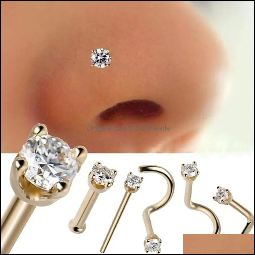 6pcs surgical steel zircon gem bone stud piercing earring anodized rose gold color ring prong nose body jewelry