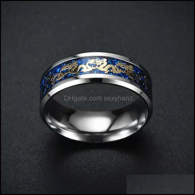 titanium steel dragon rings blue man`s jewelry gifts wedding band ring size 6-12