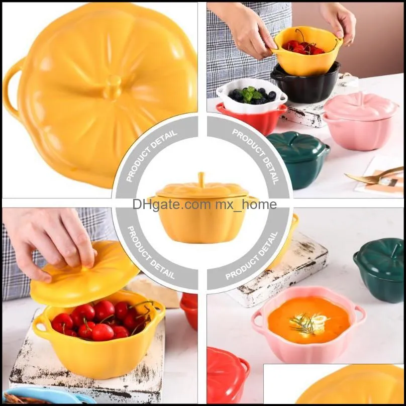 bowls 1pc ceramic stew pot pumpkin shape soup bowl double handles with lid