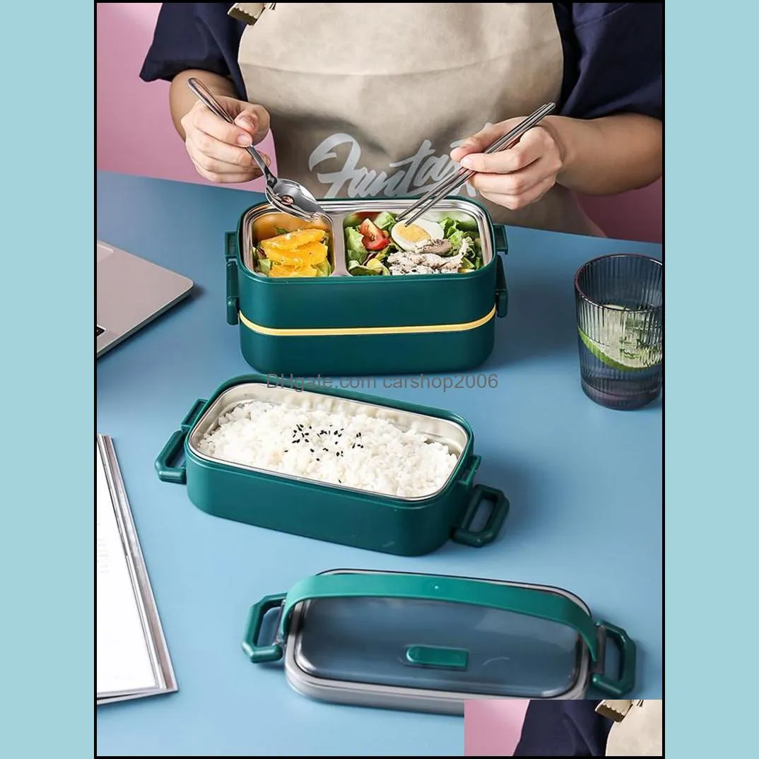 dinnerware sets 1400ml double layer stainless steel 304 lunch box leak-proof bento set microwave adult student containerdinnerware